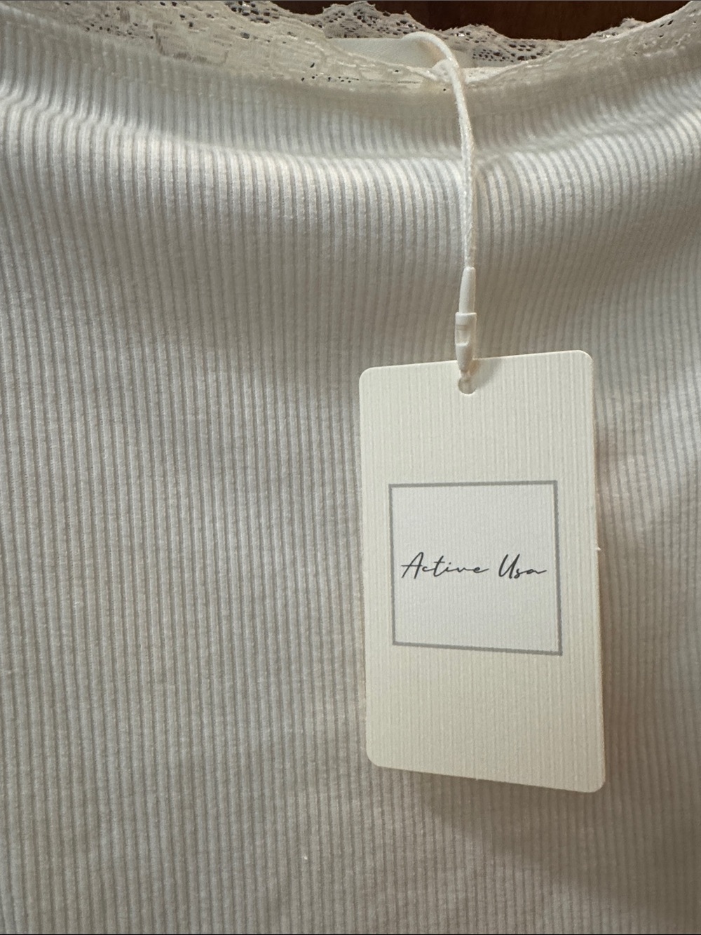 Active USA White Ribbed Lace-Trim Scoop Short Sleeve Top - Picture 2 of 2